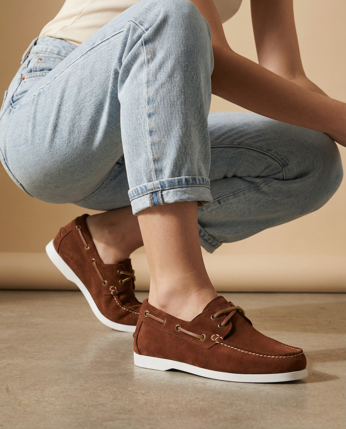 Mocassins bateau femme en daim - Rouille