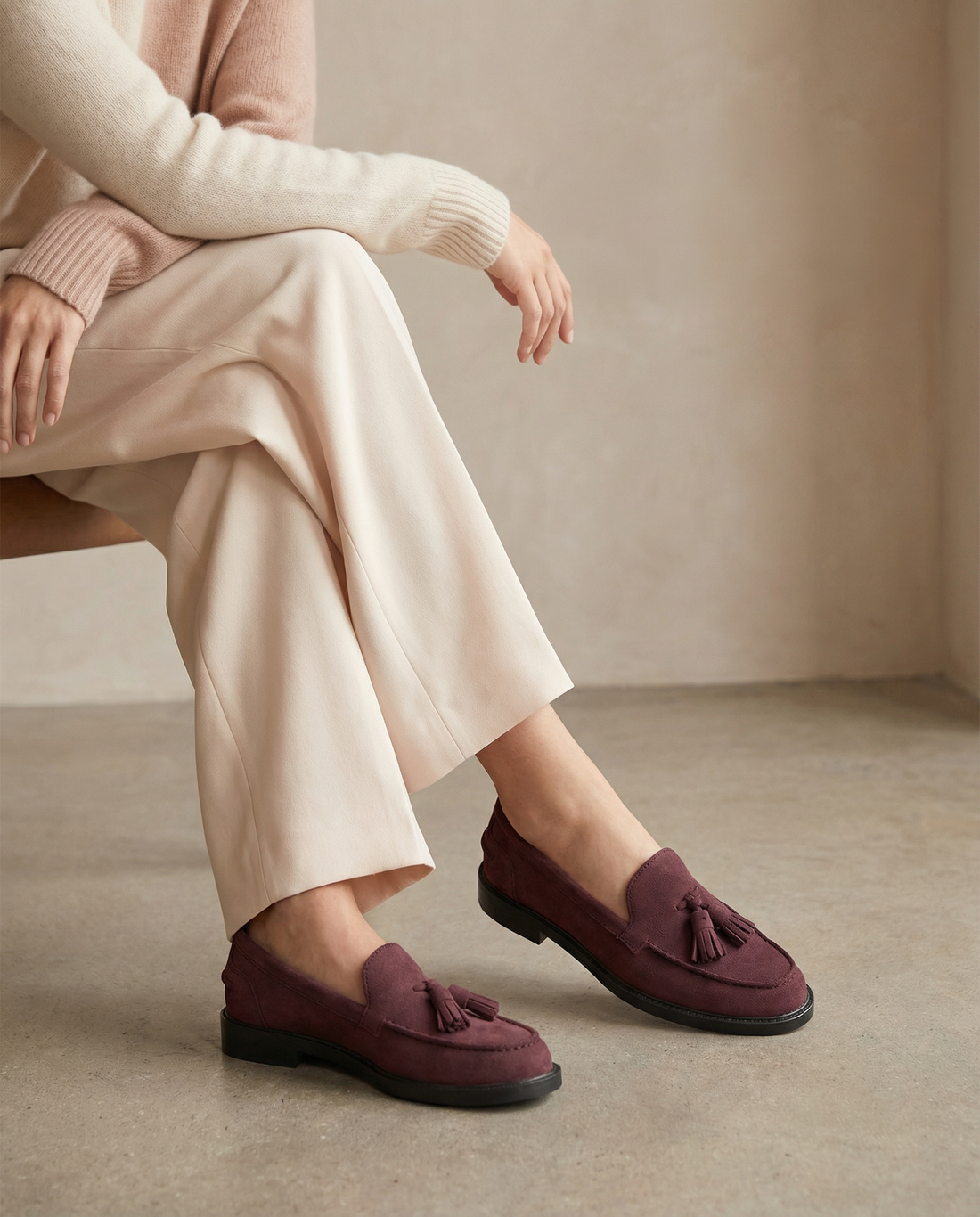 Mocassins femme à pampilles en daim - Bordeaux