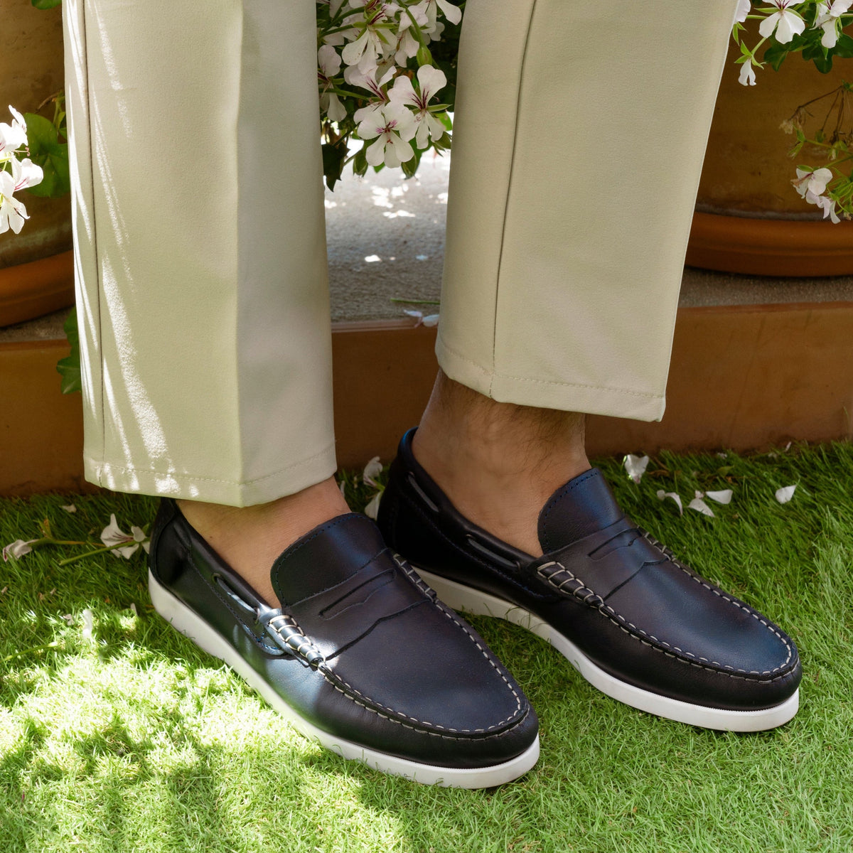 Mocassins bateau 02 à bride en cuir - Bleu