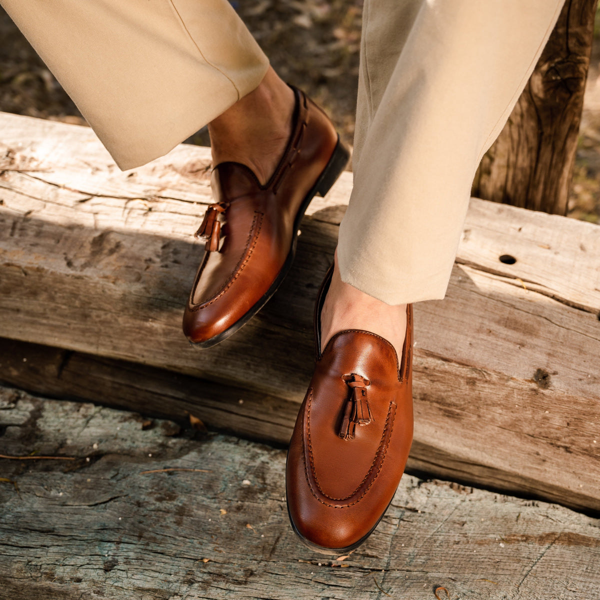 Mocassins à pampilles en cuir - Cognac