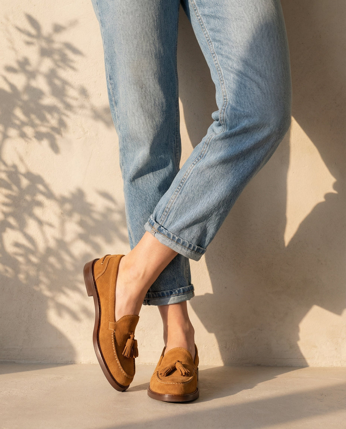Mocassins A104PN femme à pampilles en daim - Cognac