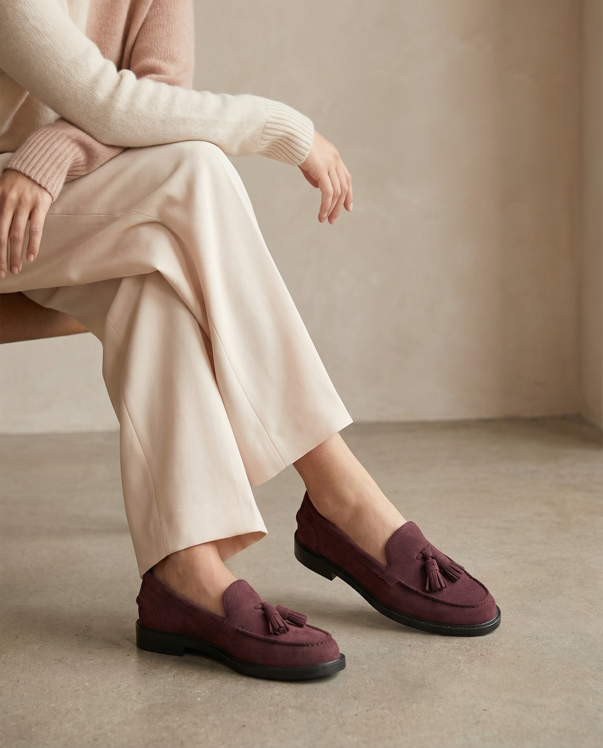 Mocassins femme à pampilles en daim - Bordeaux