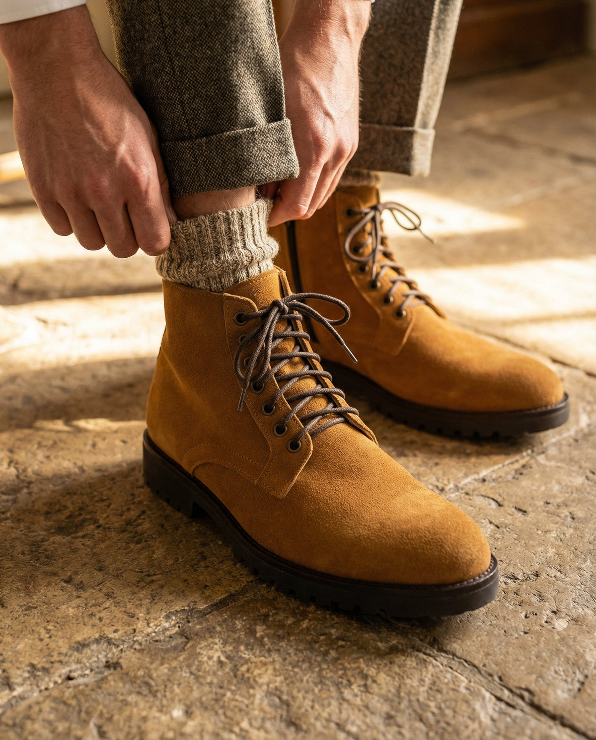 Bottines à lacets en daim - Cognac